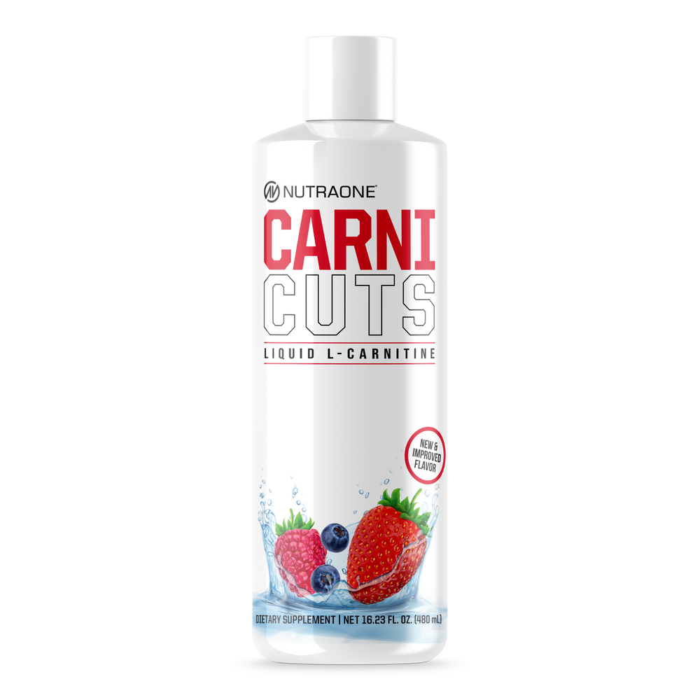 NutraOne Carni Cuts liquid L-Carnitine bottle with fruit graphics on a white background